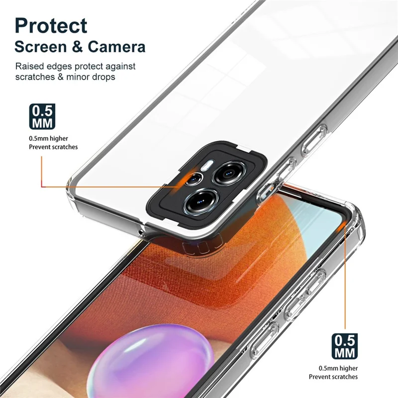 For Motorola Moto G13 4G Shockproof Phone Case 3-in-1 TPU Backplate + PC Frame + PC Camera Ring Transparent Cover - Black
