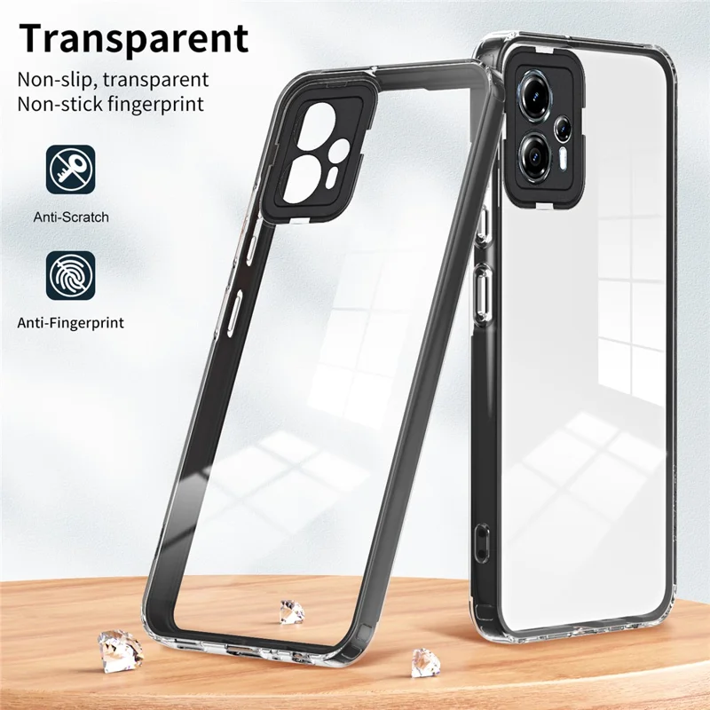 For Motorola Moto G13 4G Shockproof Phone Case 3-in-1 TPU Backplate + PC Frame + PC Camera Ring Transparent Cover - Black
