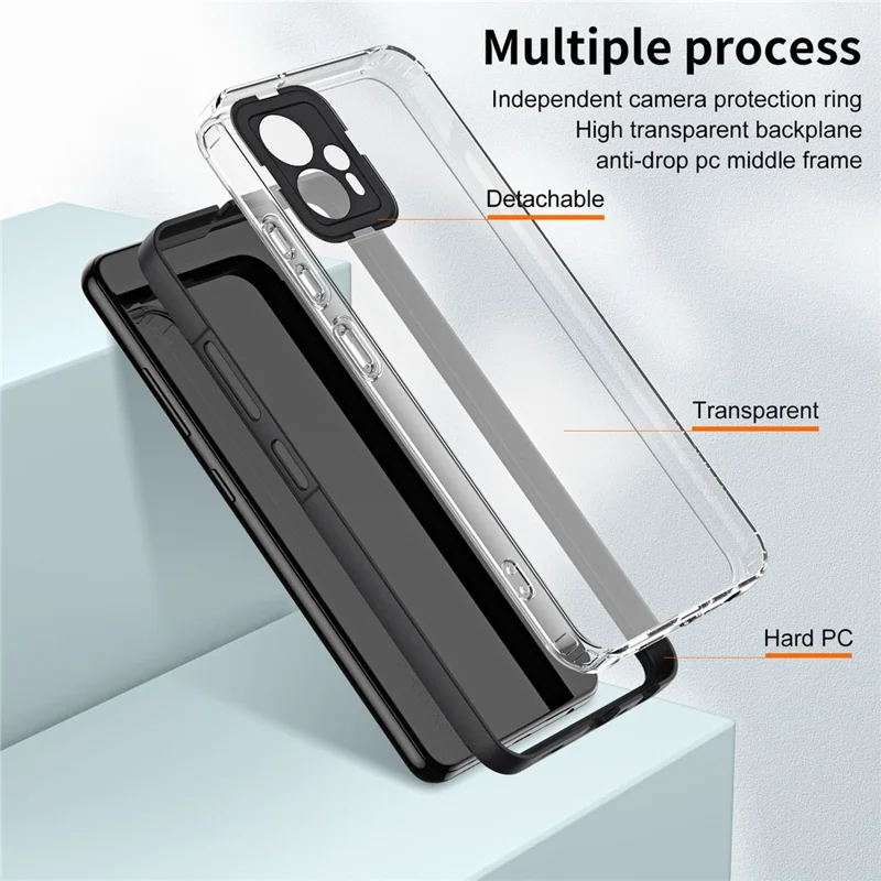 For Motorola Moto G13 4G Shockproof Phone Case 3-in-1 TPU Backplate + PC Frame + PC Camera Ring Transparent Cover - Black