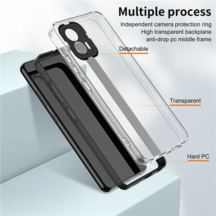 Per Motorola Moto G73 5G TPU Backplate + PC Frame + PC Camera Ring Mobile Case 3-in-1 Transparent Anti-drop Cover - Nero