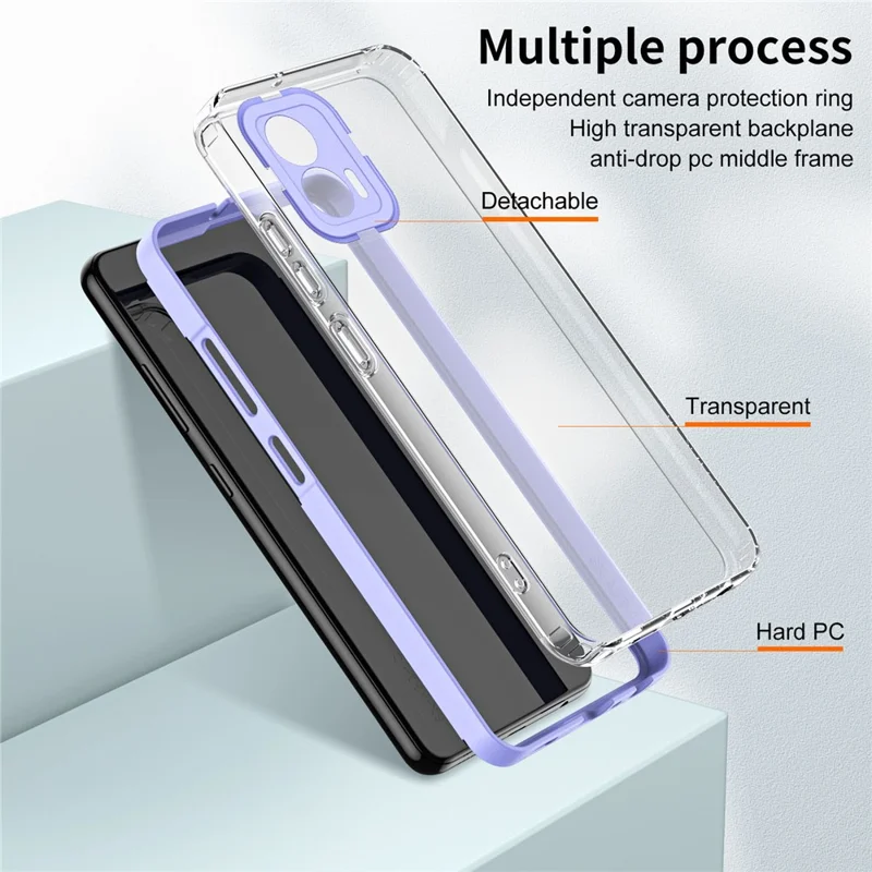 For Motorola Moto G73 5G TPU Backplate + PC Frame + PC Camera Ring Mobile Case 3-in-1 Transparent Anti-drop Cover - Purple