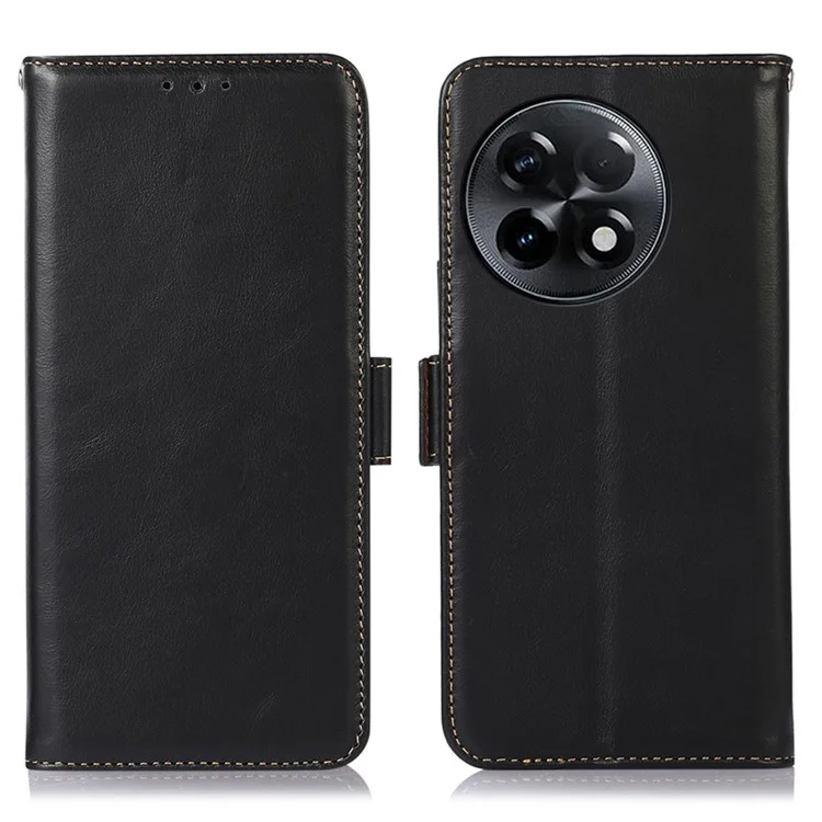 Для OnePlus Ace 2 5G / 11R 5G RFID Blocking Phone Cover Stand Wallet Genuine Cowhide Leather Case - Black