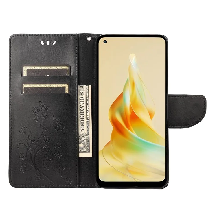 Чехол для телефона Oppo Reno8 T 4G, кожаный PU, с цветочным и бабочкиным рисунком, кошелек, подставка - черный