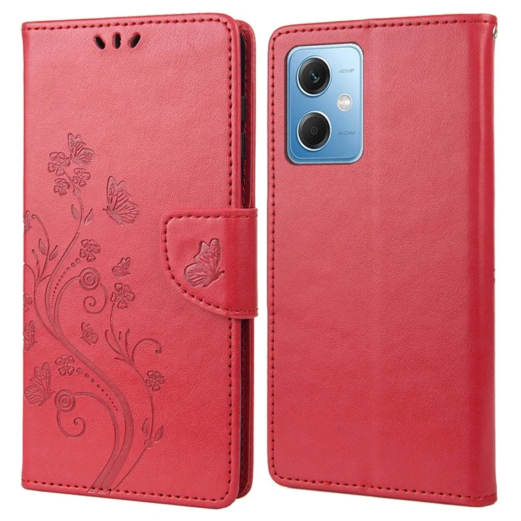 For Xiaomi Redmi Note 12 5G (Global) / (India) / (China) / Poco X5 5G Phone Case Flower Butterfly Imprinted Leather Wallet Stand Cover - Red