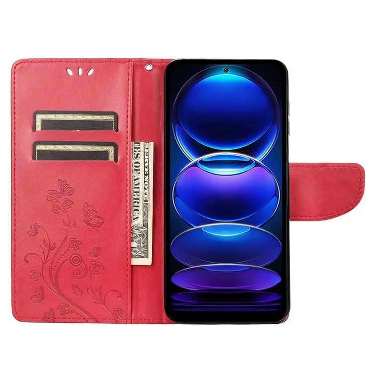 For Xiaomi Redmi Note 12 5G (Global) / (India) / (China) / Poco X5 5G Phone Case Flower Butterfly Imprinted Leather Wallet Stand Cover - Red