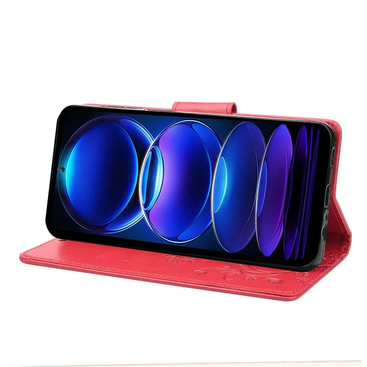 For Xiaomi Redmi Note 12 5G (Global) / (India) / (China) / Poco X5 5G Phone Case Flower Butterfly Imprinted Leather Wallet Stand Cover - Red