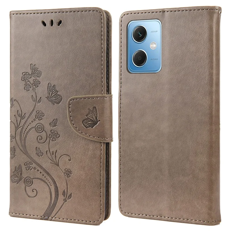 For Xiaomi Redmi Note 12 5G (Global) / (India) / (China) / Poco X5 5G Phone Case Flower Butterfly Imprinted Leather Wallet Stand Cover - Grey