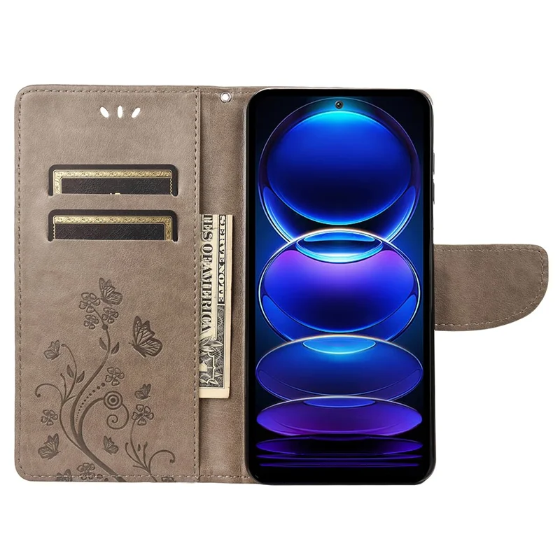 For Xiaomi Redmi Note 12 5G (Global) / (India) / (China) / Poco X5 5G Phone Case Flower Butterfly Imprinted Leather Wallet Stand Cover - Grey