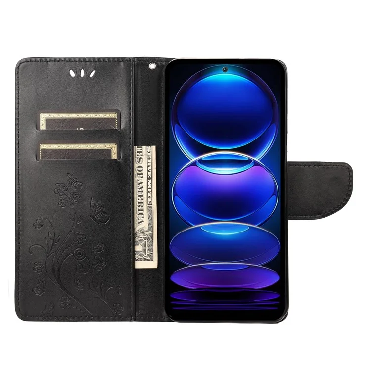 Pour Xiaomi Redmi Note 12 Pro+ 5G Stand Phone Case PU Leather Flower Butterfly Imprinted Wallet Cover - Noir