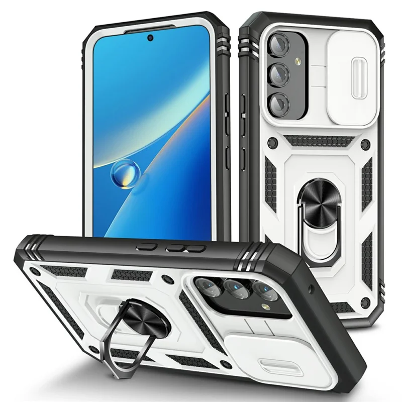 Für Samsung Galaxy A54 5G PC TPU Case Kickstand Stoßfeste Abdeckung mit Kartenfach, Linsenschutz - Weiß / Schwarz