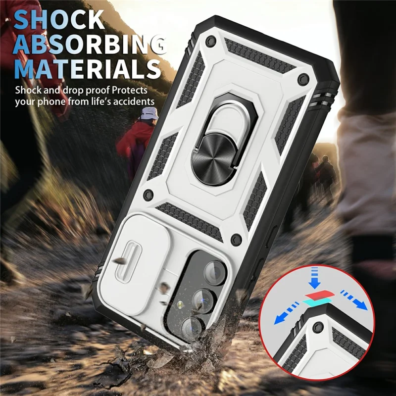Für Samsung Galaxy A54 5G PC TPU Case Kickstand Stoßfeste Abdeckung mit Kartenfach, Linsenschutz - Weiß / Schwarz