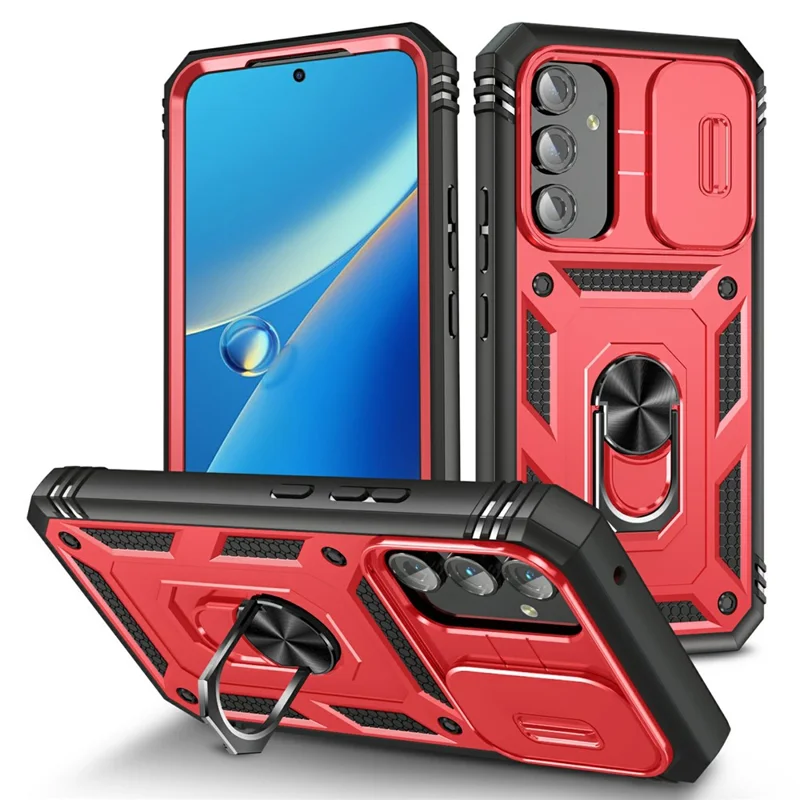 For Samsung Galaxy A54 5G PC TPU Case Kickstand Shockproof Cover with Card Slot, Lens Guard - Red / Black