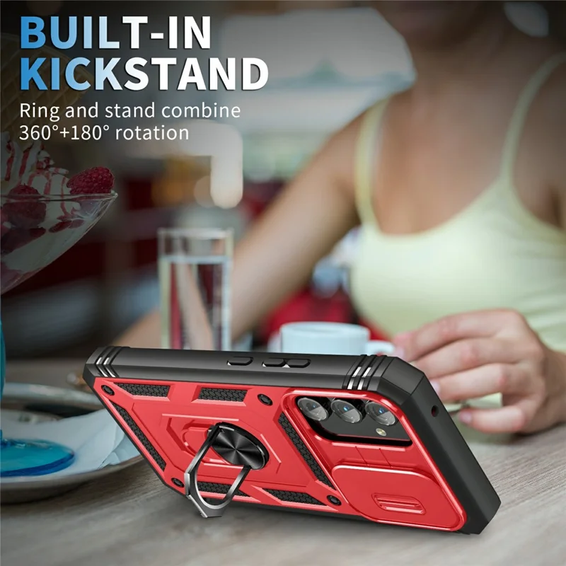For Samsung Galaxy A54 5G PC TPU Case Kickstand Shockproof Cover with Card Slot, Lens Guard - Red / Black