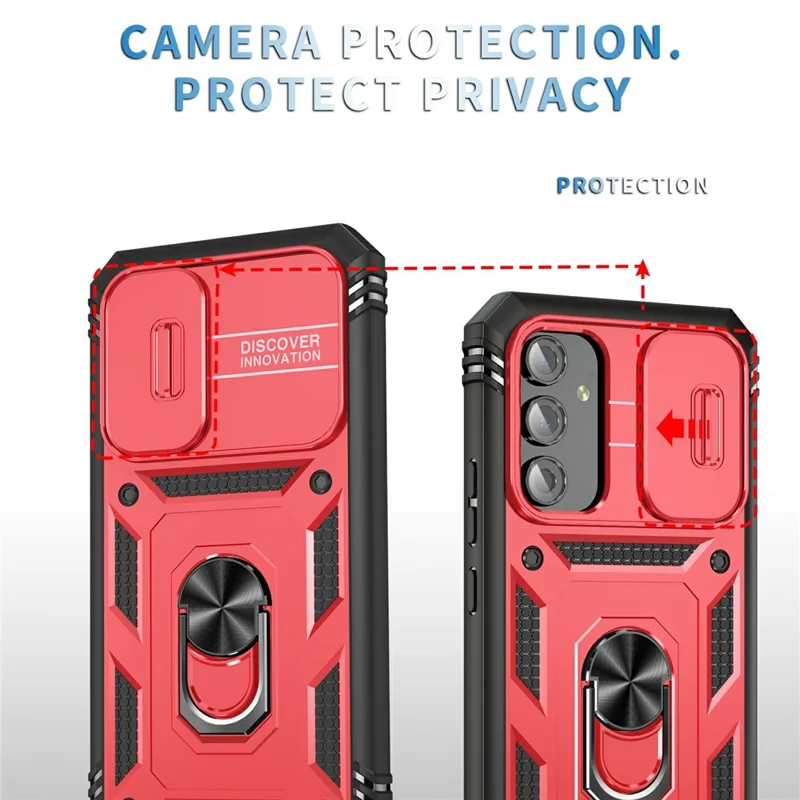 For Samsung Galaxy A54 5G PC TPU Case Kickstand Shockproof Cover with Card Slot, Lens Guard - Red / Black