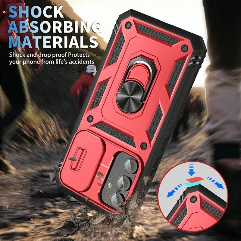 For Samsung Galaxy A54 5G PC TPU Case Kickstand Shockproof Cover with Card Slot, Lens Guard - Red / Black
