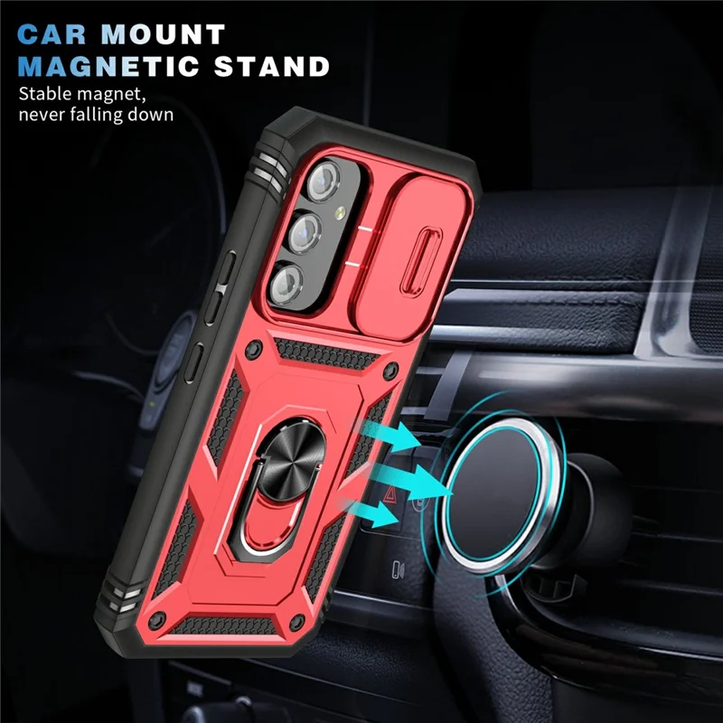 For Samsung Galaxy A54 5G PC TPU Case Kickstand Shockproof Cover with Card Slot, Lens Guard - Red / Black