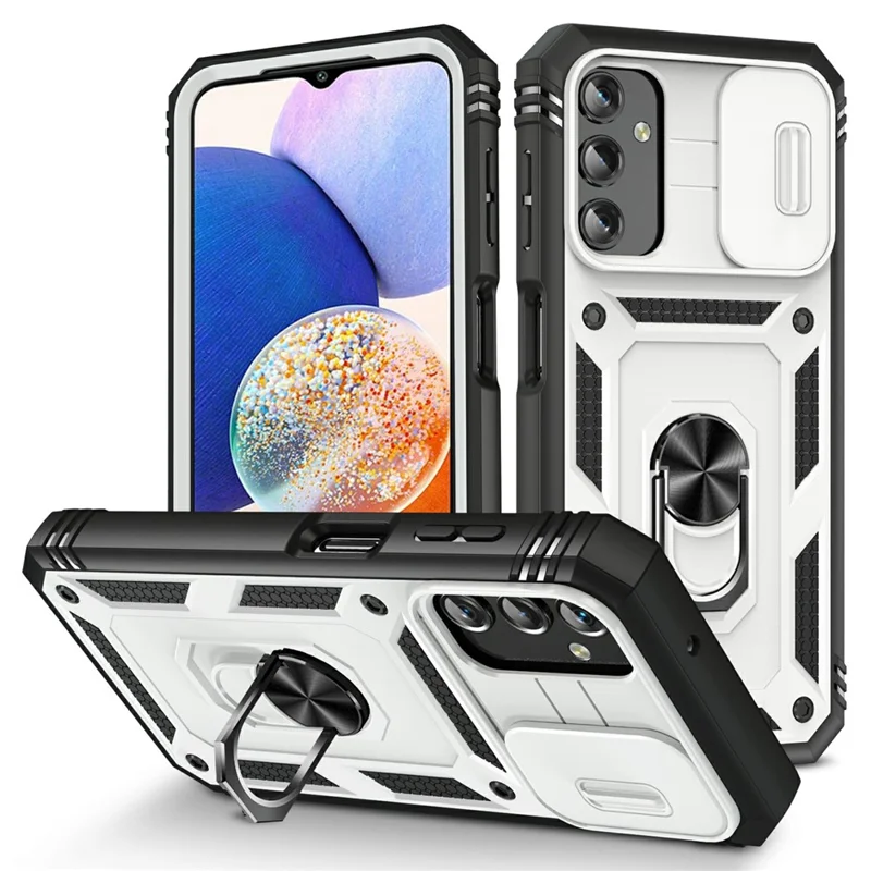 Shockproof Case for Samsung Galaxy A14 5G / A14 4G Kickstand PC TPU Cover with Card Slot, Lens Guard - White / Black