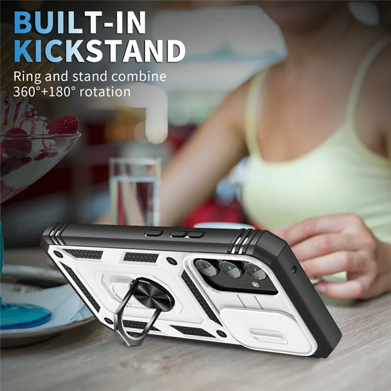 Shockproof Case for Samsung Galaxy A14 5G / A14 4G Kickstand PC TPU Cover with Card Slot, Lens Guard - White / Black