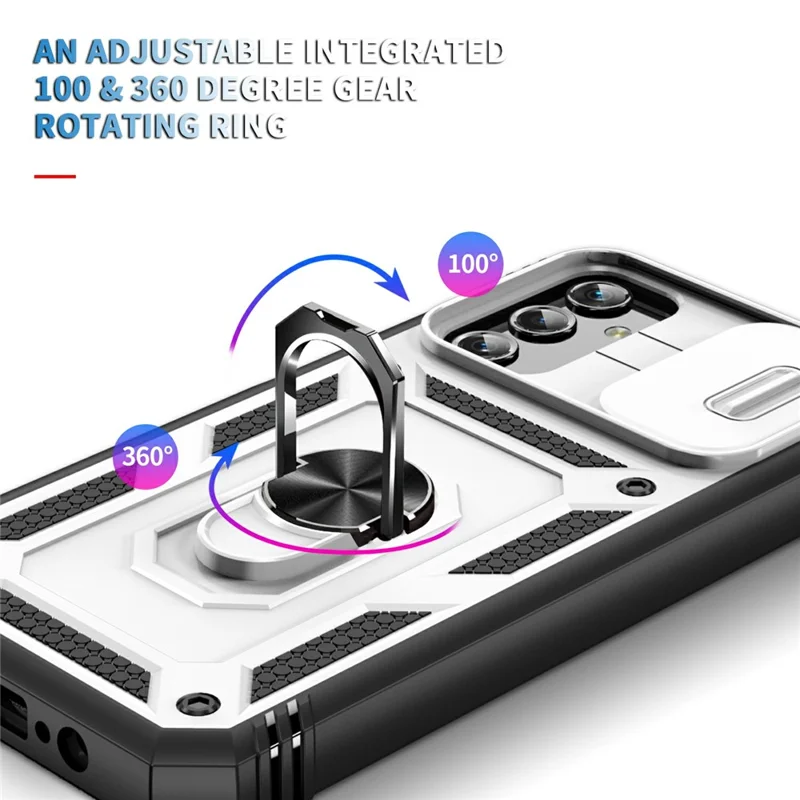 Shockproof Case for Samsung Galaxy A14 5G / A14 4G Kickstand PC TPU Cover with Card Slot, Lens Guard - White / Black