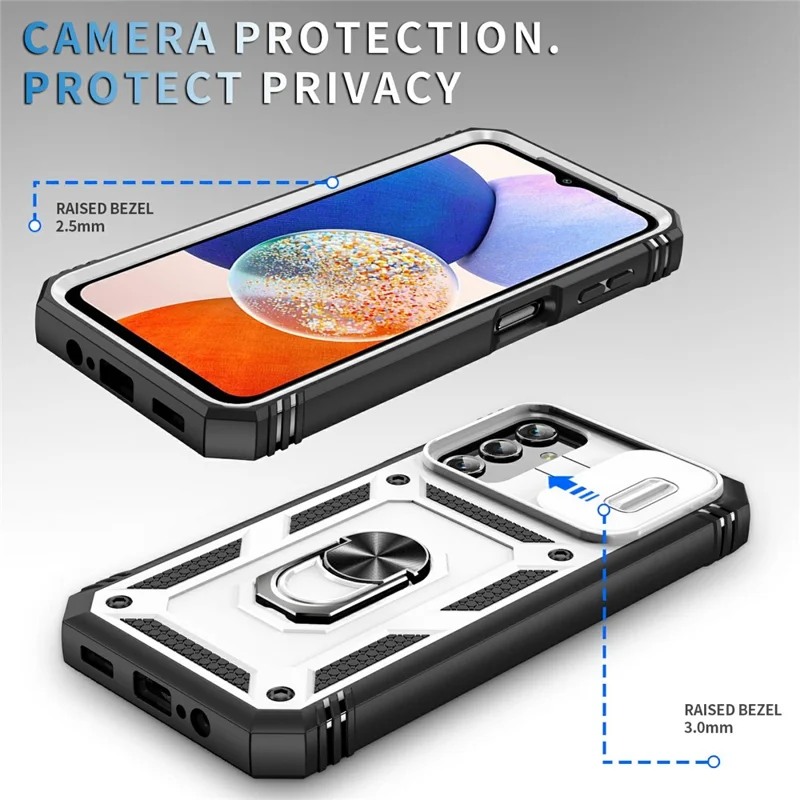Shockproof Case for Samsung Galaxy A14 5G / A14 4G Kickstand PC TPU Cover with Card Slot, Lens Guard - White / Black