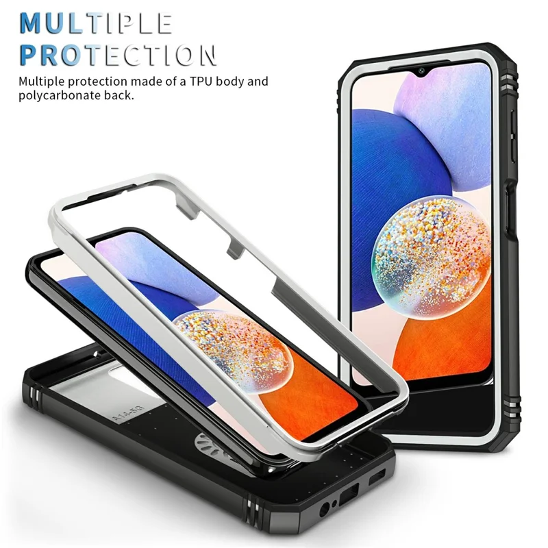 Shockproof Case for Samsung Galaxy A14 5G / A14 4G Kickstand PC TPU Cover with Card Slot, Lens Guard - White / Black