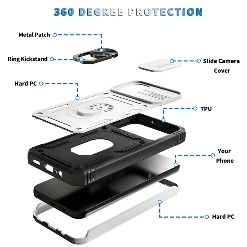 Shockproof Case for Samsung Galaxy A14 5G / A14 4G Kickstand PC TPU Cover with Card Slot, Lens Guard - White / Black