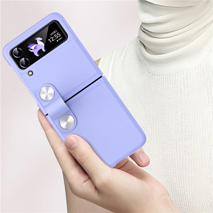 For Samsung Galaxy Z Flip4 5G PU Leather + PC Phone Case Finger Strap Holder Kickstand Cover - Purple