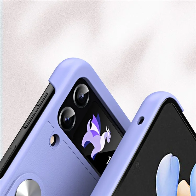 For Samsung Galaxy Z Flip4 5G PU Leather + PC Phone Case Finger Strap Holder Kickstand Cover - Purple