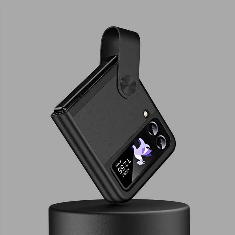For Samsung Galaxy Z Flip4 5G PU Leather + PC Phone Case Finger Strap Holder Kickstand Cover - Black