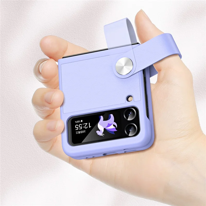 For Samsung Galaxy Z Flip4 5G PU Leather + PC Phone Case Finger Strap Holder Kickstand Cover - Black