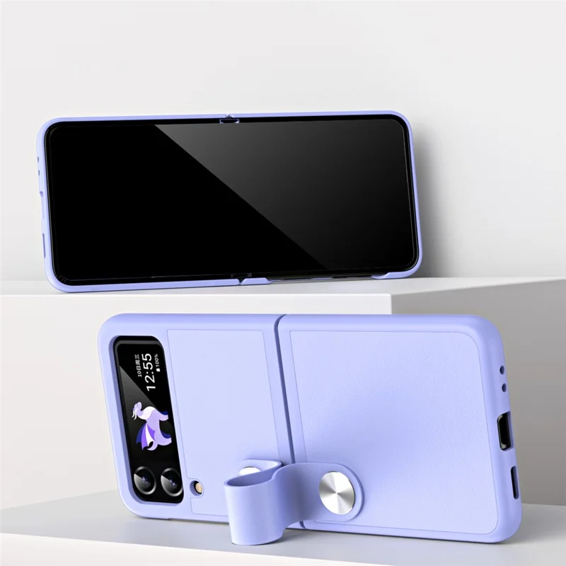For Samsung Galaxy Z Flip4 5G PU Leather + PC Phone Case Finger Strap Holder Kickstand Cover - Black