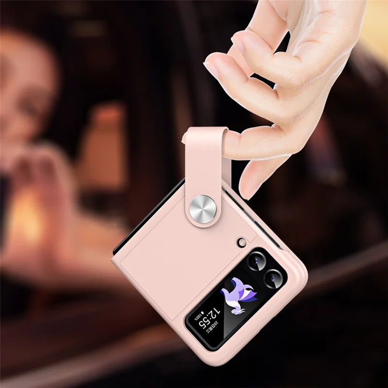 For Samsung Galaxy Z Flip4 5G PU Leather + PC Phone Case Finger Strap Holder Kickstand Cover - Black