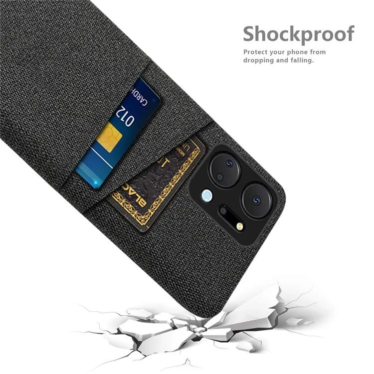 For Honor X7a 5G Anti-Dust Cloth Texture Phone Cover Cellphone Protective Case with 2 Card Slots - Black