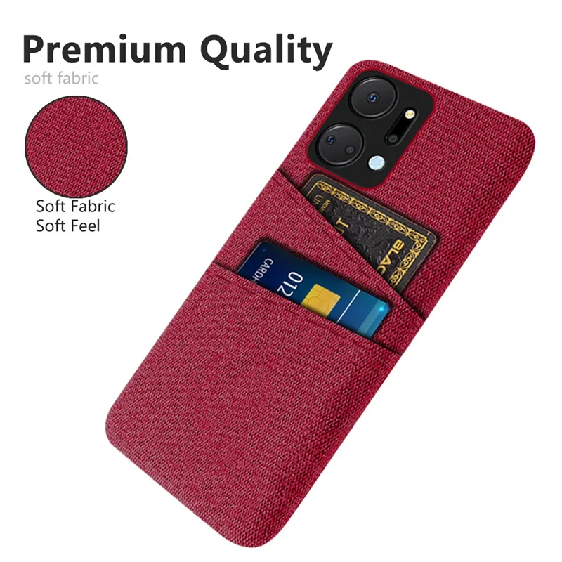 For Honor X7a 5G Anti-Dust Cloth Texture Phone Cover Cellphone Protective Case with 2 Card Slots - Red