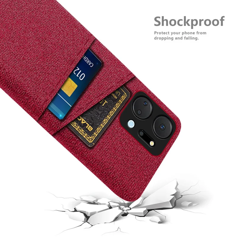 For Honor X7a 5G Anti-Dust Cloth Texture Phone Cover Cellphone Protective Case with 2 Card Slots - Red