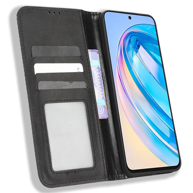 Para Honor X8a 4G Retro Funda de piel de PU para teléfono con tapa y soporte, estilo cartera, cubierta de teléfono - Negro