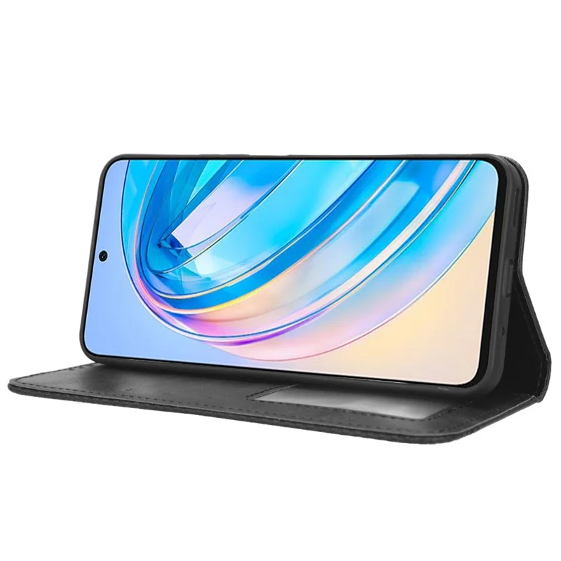 Para Honor X8a 4G Retro Funda de piel de PU para teléfono con tapa y soporte, estilo cartera, cubierta de teléfono - Negro