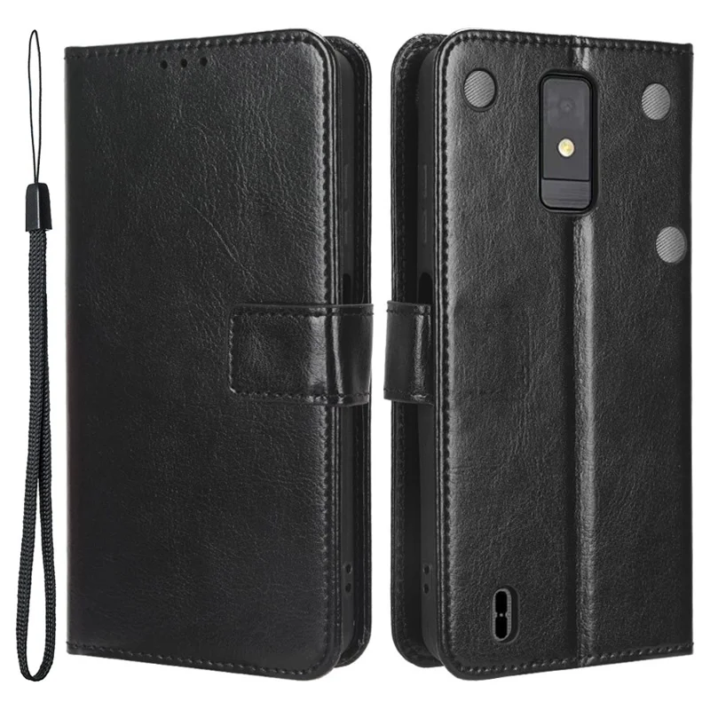 Para ZTE Blade A32 PU Leather Flip Folio Case Crazy Horse Texture Stand Wallet Phone Cover - Black