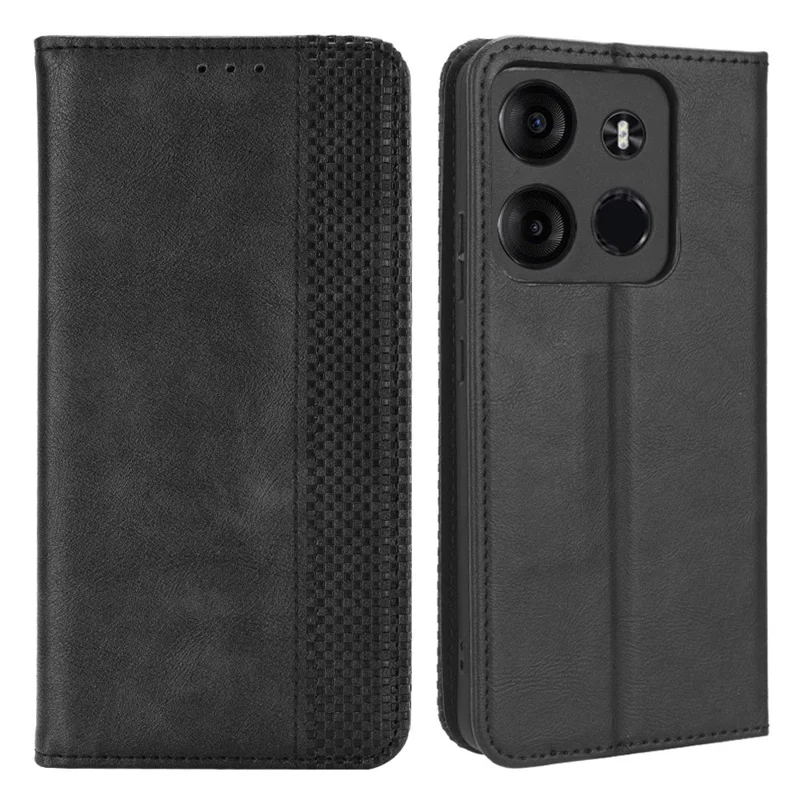 For TECNO Spark Go 2023 4G Vintage PU Leather Magnetic Flip Cover Stand Wallet Phone Case - Black