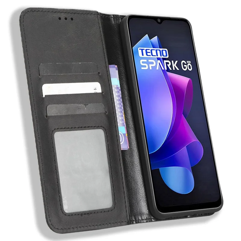 For TECNO Spark Go 2023 4G Vintage PU Leather Magnetic Flip Cover Stand Wallet Phone Case - Black