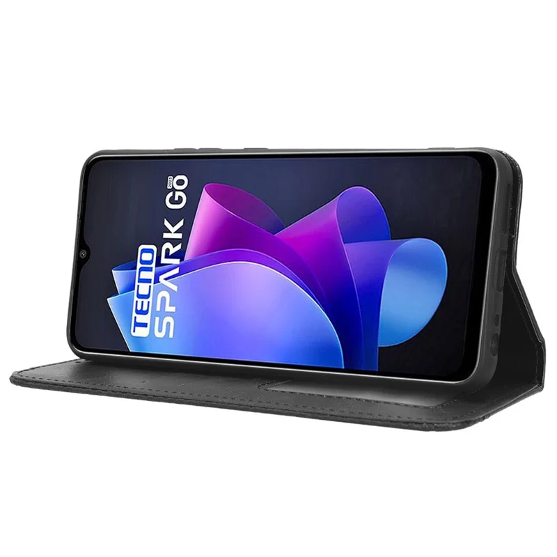 For TECNO Spark Go 2023 4G Vintage PU Leather Magnetic Flip Cover Stand Wallet Phone Case - Black
