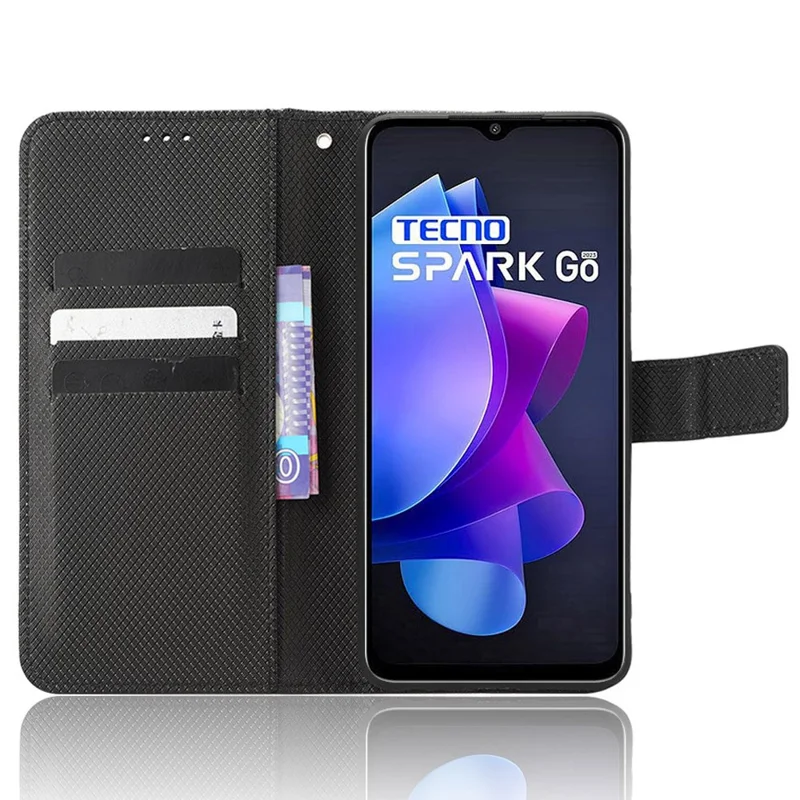 Для TECNO Spark Go 2023 4G чехол-книжка из искусственной кожи с текстурой под бриллиант, подставкой и магнитной застежкой - черный