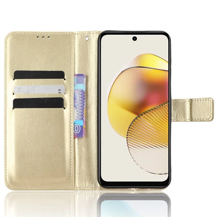 For Motorola Moto G73 5G PU Leather Wallet Phone Case Crazy Horse Texture Folding Stand Cover - Gold