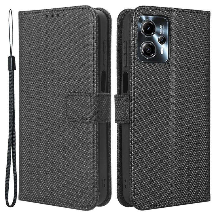 Для Motorola Moto G13 4G / G23 4G Diamond Texture Phone Stand Cover PU Leather Wallet Dorp-proof Case - Black