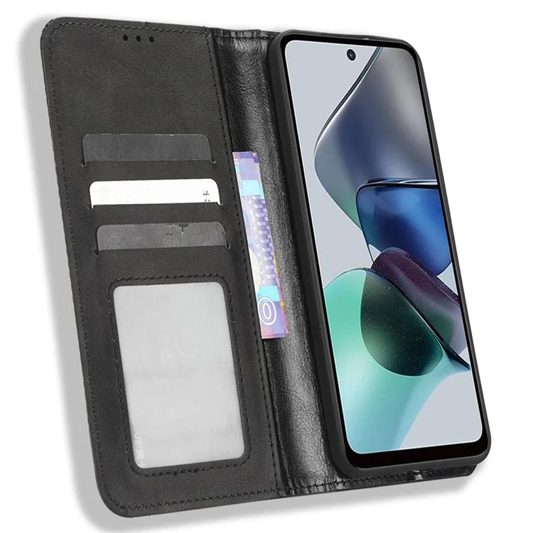 Для Motorola Moto G13 4G / G23 4G Ретро PU кожаный чехол для телефона с магнитным закрытием, подставка, чехол-кошелек - черный