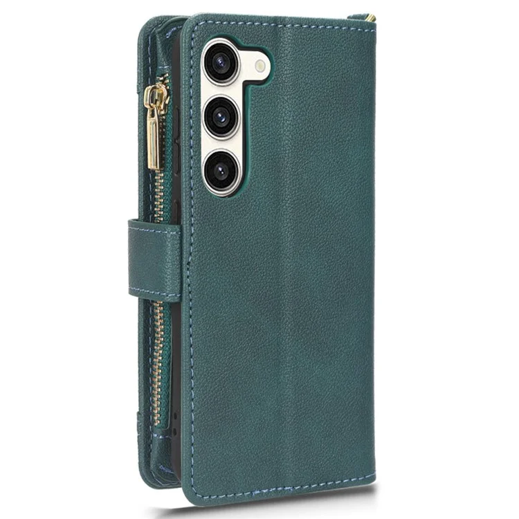 For Samsung Galaxy S23 Wallet Zipper Pocket Phone Case Shockproof Phone Cover with 2 Straps - Green