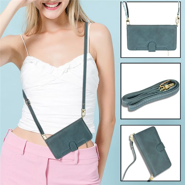 For Samsung Galaxy S23 Wallet Zipper Pocket Phone Case Shockproof Phone Cover with 2 Straps - Green