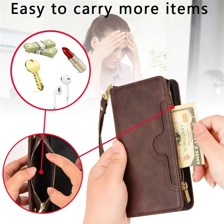 For Samsung Galaxy S23 Wallet Zipper Pocket Phone Case Shockproof Phone Cover with 2 Straps - Green