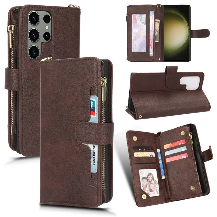 For Samsung Galaxy S23 Ultra Cellphone Cover, Wallet Zipper Pocket Phone Case with 2 Straps - Brown