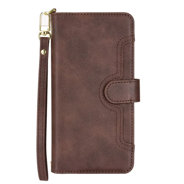 For Samsung Galaxy S23 Ultra Cellphone Cover, Wallet Zipper Pocket Phone Case with 2 Straps - Brown
